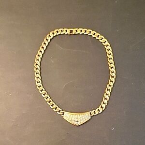 Chunky Gold-tone Chain Statement Necklace with Clear Crystal Accents, 16"